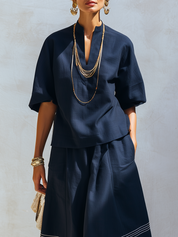 Bohemian Blue Short Sleeve Color Blocked Striped Skirt Set