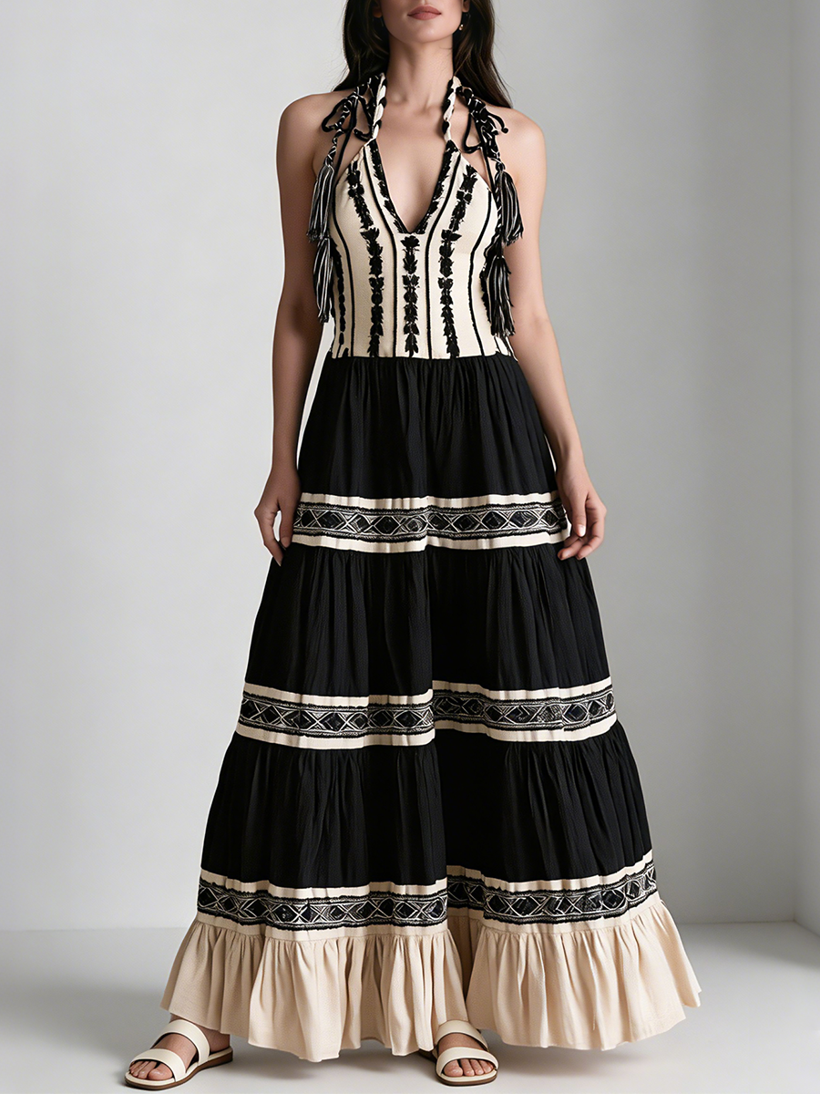 Bohemian-Style Color-Block Embroidered Maxi Dress