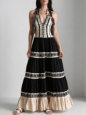 Bohemian-Style Color-Block Embroidered Maxi Dress