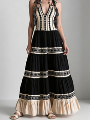 Bohemian-Style Color-Block Embroidered Maxi Dress
