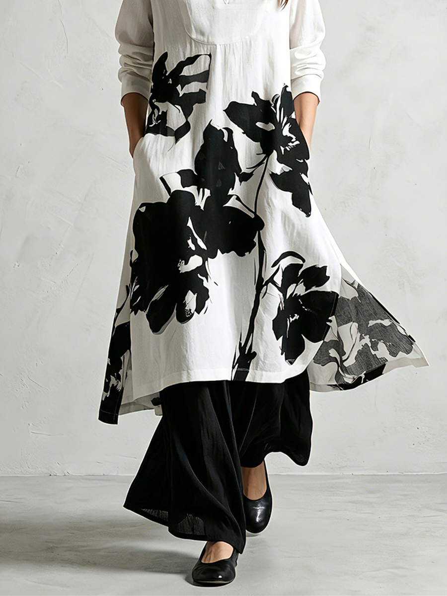 Dark Floral Belted Coat And Trousers
