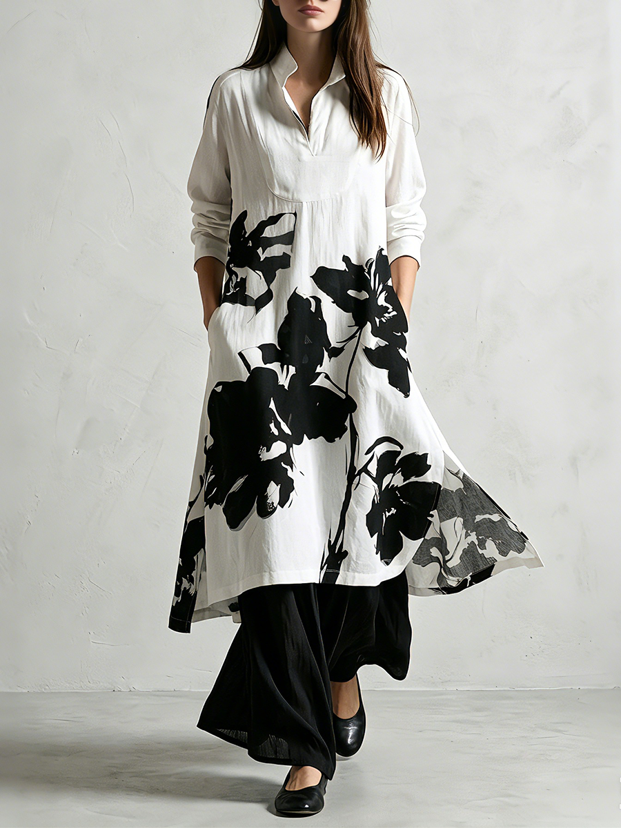 Dark Floral Belted Coat And Trousers