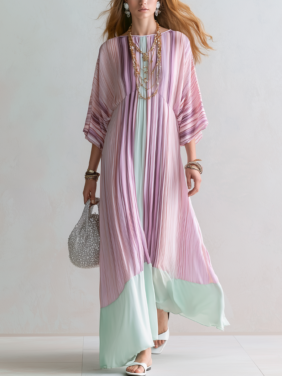 Bohemian Pink Striped Color Blocked Maxi Dress