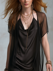 Elegant Black Satin Draped Neck Vest And Tulle Jacket Set