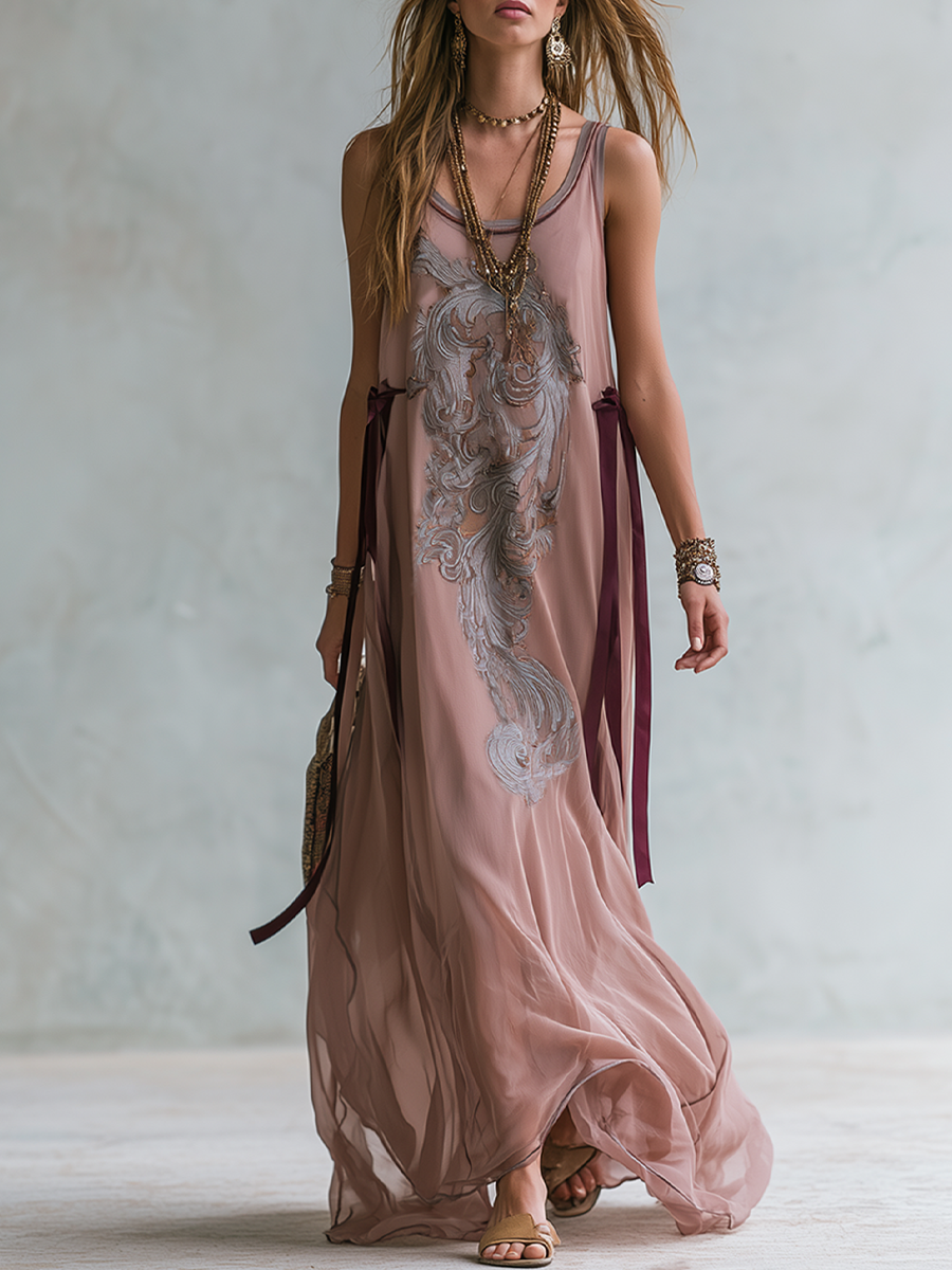 Bohemian Raspberry Pink Ribbon Chiffon Maxi Dress