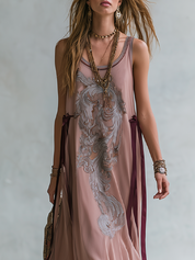 Bohemian Raspberry Pink Ribbon Chiffon Maxi Dress