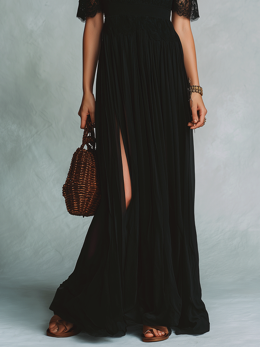 Elegant Vacation Noir Lace Trim Off-Shoulder Boho Maxi Dress