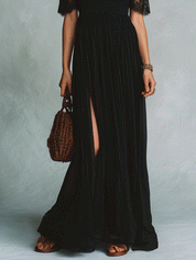 Elegant Vacation Noir Lace Trim Off-Shoulder Boho Maxi Dress