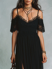 Elegant Vacation Noir Lace Trim Off-Shoulder Boho Maxi Dress