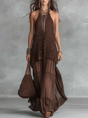 Bohemian Crochet Resort Chocolate Brown Halter Maxi Dress