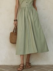 Bohemian Utility Resort Sage Green Button-Front Cotton Midi Dress