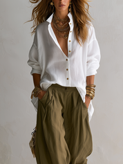 Linen Shirt Paired With Olive Green Lantern Pants Suit