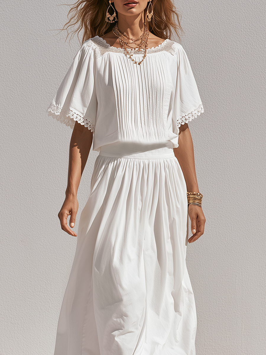 Romantic White Lace Trim  Blouse Midi Skirt Set