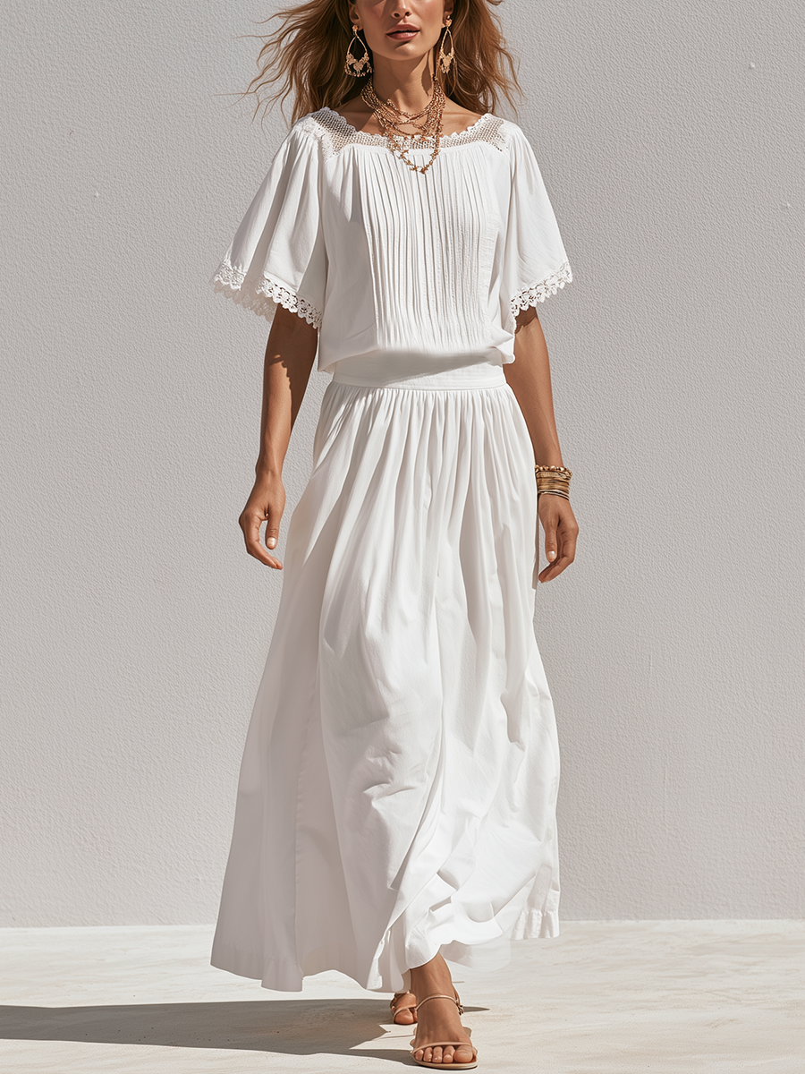 Romantic White Lace Trim  Blouse Midi Skirt Set