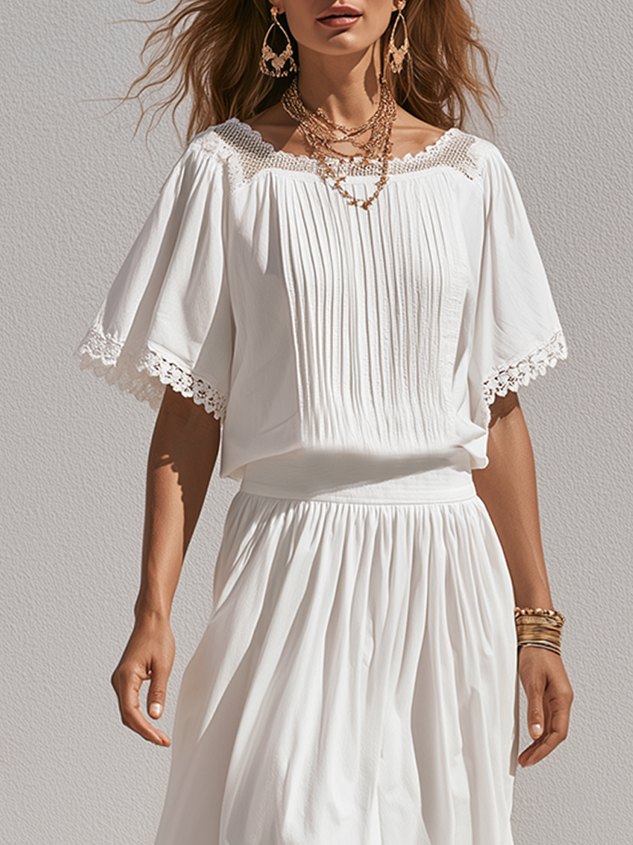 Romantic White Lace Trim  Blouse Midi Skirt Set