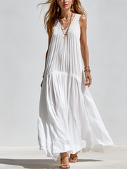 Bohemian White Lace Trimmed V-neck Maxi Dress