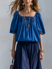 Bohemian Cotton Linen Blue Color-blocked Skirt Suit