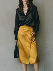 Midnight Satin Gold Wrap Midi Dress