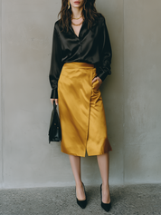 Midnight Satin Gold Wrap Midi Dress