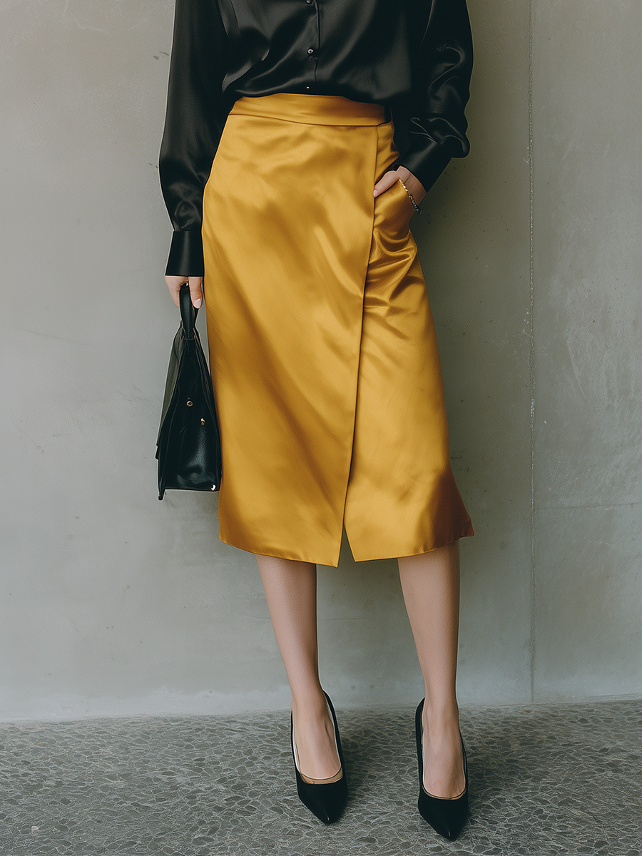 Midnight Satin Gold Wrap Midi Dress