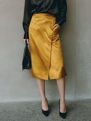 Midnight Satin Gold Wrap Midi Dress