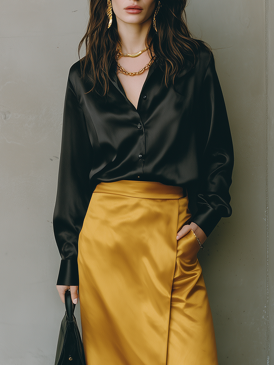 Midnight Satin Gold Wrap Midi Dress