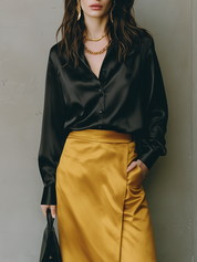 Midnight Satin Gold Wrap Midi Dress