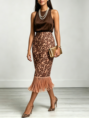Mochamuse Tassel Pencil Skirt Suit Midi Skirt