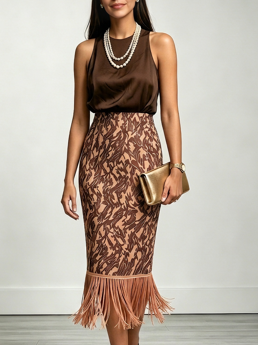 Mochamuse Tassel Pencil Skirt Suit Midi Skirt