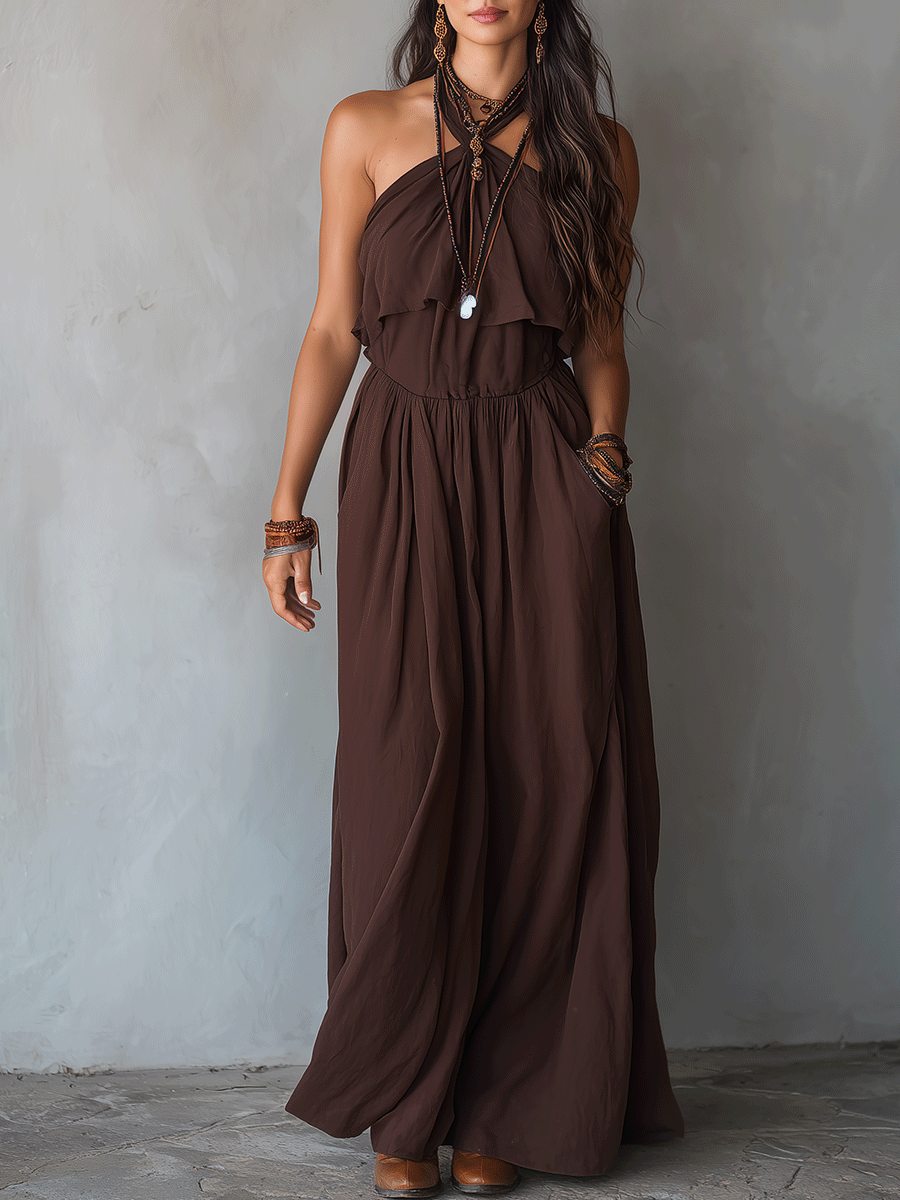 Elegant Vacation Espresso Brown Pleated Halter Maxi Dress