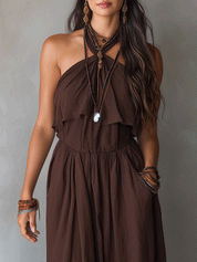 Elegant Vacation Espresso Brown Pleated Halter Maxi Dress
