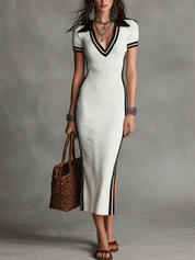 Elegant Vacation Minimal Black Trim Slim Fit Ribbed Midi Dress