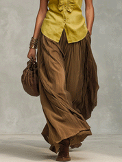 Bohemian Resort Ruffle Sleeveless Olive Satin Blouse & Flowing Wide-Leg Pants Set