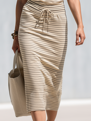 Minimalist Beige Striped Sleeveless Tie-Waist Skirt Set