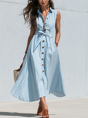 Elegant Light Blue Button Front Belted Midi Dress