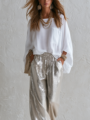 Bohemian Cotton-linen Top And Sequined Trousers Set