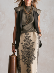 Bohemian Olive Green Sleeveless Vest And Skirt Set