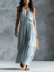 Elegant Sky Blue Ruched Tiered Maxi Dress