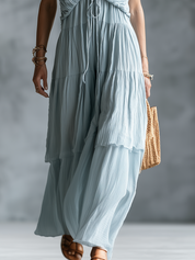 Elegant Sky Blue Ruched Tiered Maxi Dress