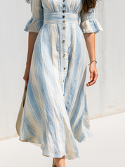 Relaxed Blue Striped Button-Front Midi Dress