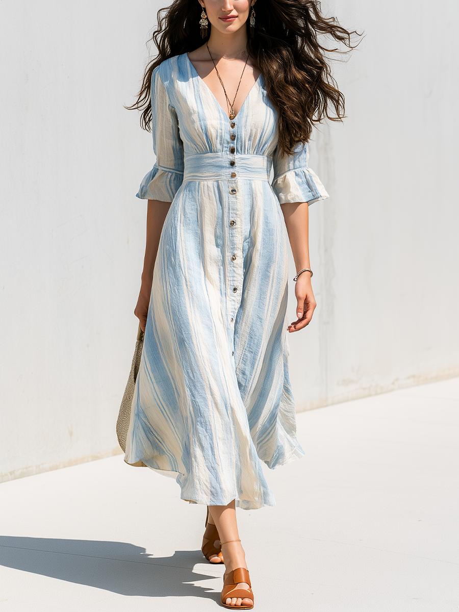 Relaxed Blue Striped Button-Front Midi Dress