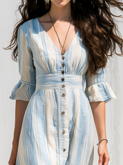 Relaxed Blue Striped Button-Front Midi Dress
