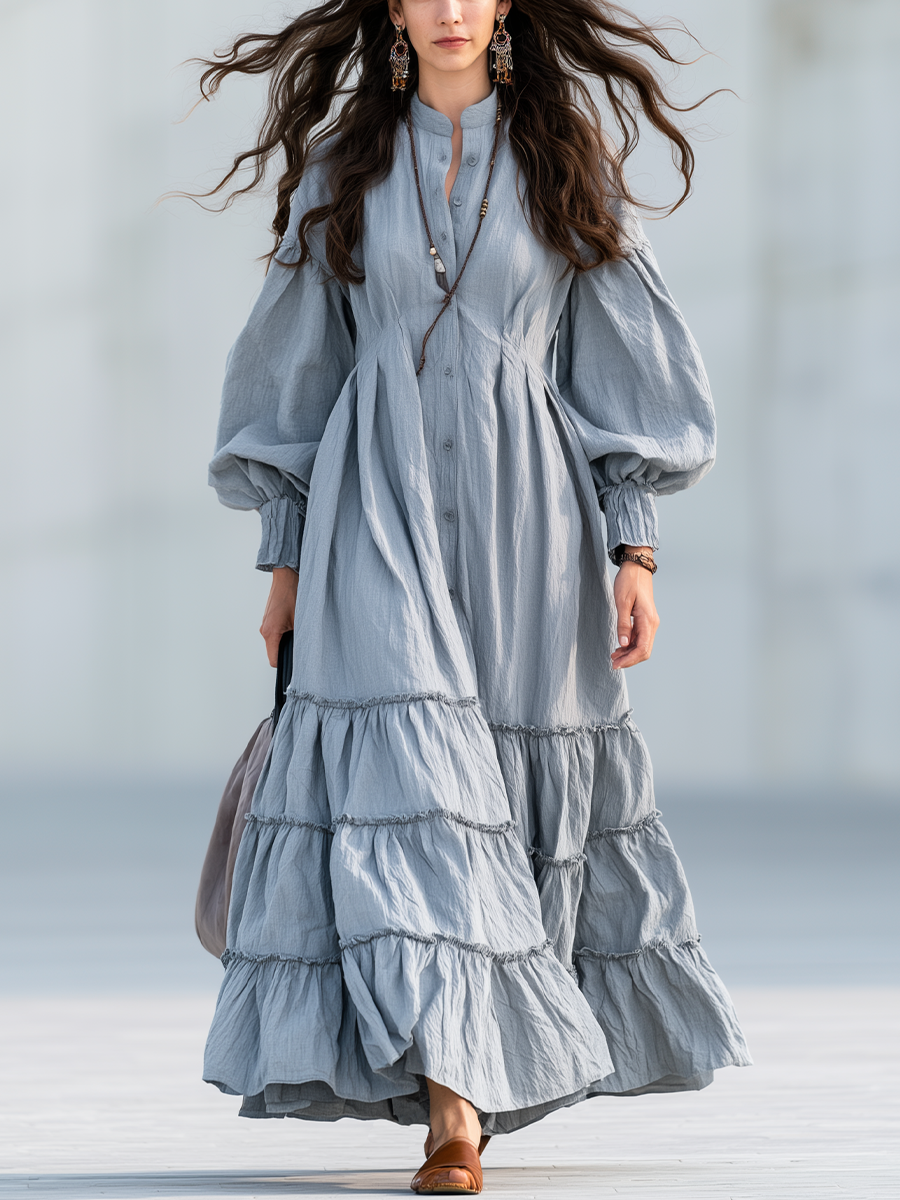 Bohemian Grey Tiered Ruffle Button Maxi Dress