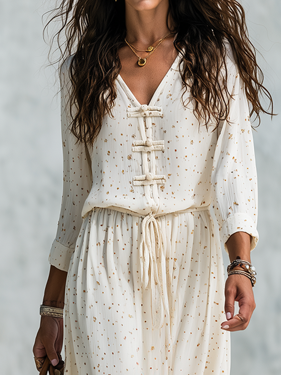 Bohemian Cream Dotted Frog Button Lace Hem Midi Dress