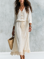 Bohemian Cream Dotted Frog Button Lace Hem Midi Dress
