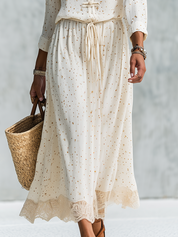 Bohemian Cream Dotted Frog Button Lace Hem Midi Dress