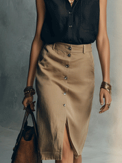 Bohemian Resort Khaki Sleeveless Button-Front Midi Skirt Set