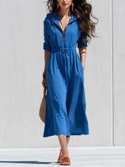 Minimalist Blue Drawstring Hooded Midi Dress