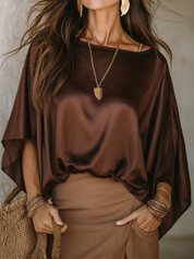 Elegant Silky Cape Sleeve Asymmetric Hem Loose Top