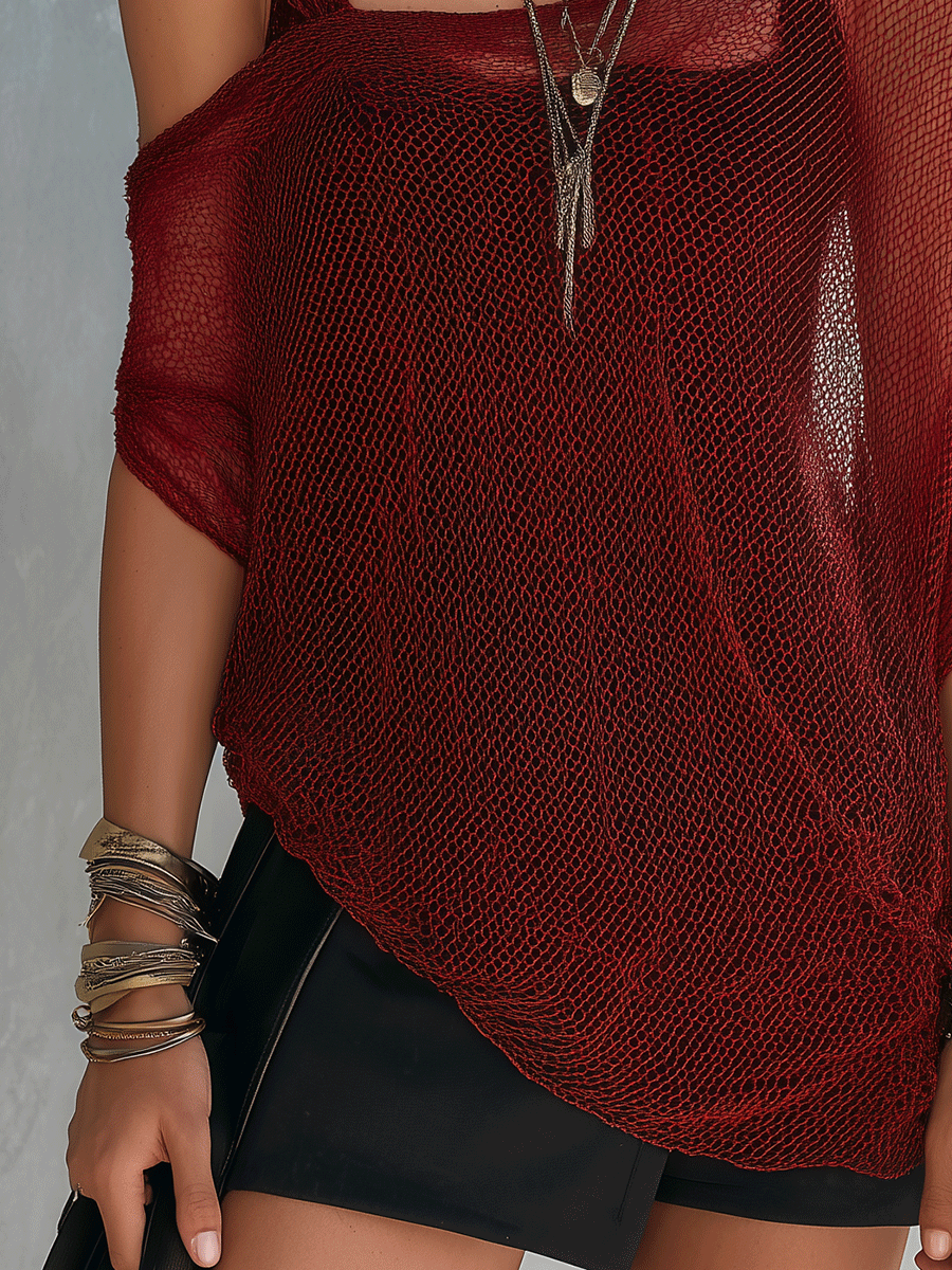 Bohemian Mesh Resort Deep Red Sheer Layered Top
